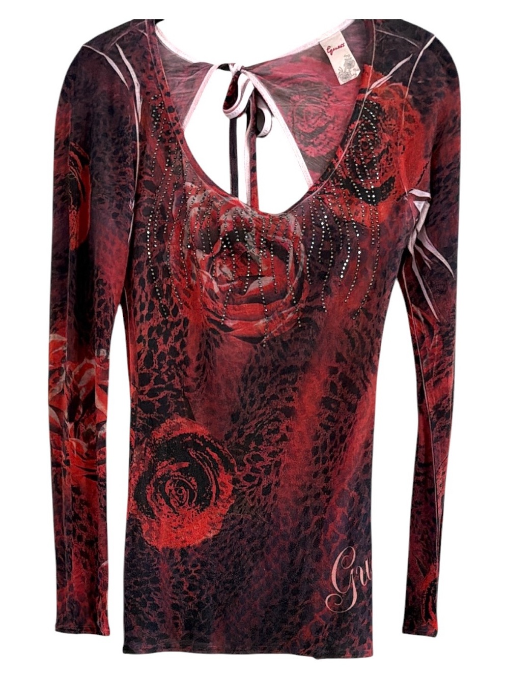 Vintage Guess Red Rose Rhinestone Y2K Open Tie Back Script Logo Top Size M